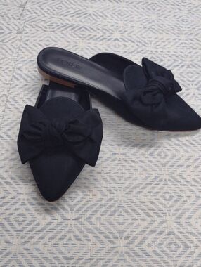 J. Crew Black Pointed-Toe Bow Mules
